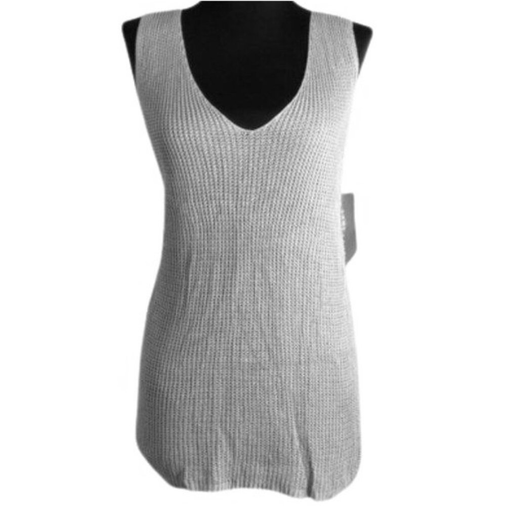 Sans Souci XL Sweater V-Neck Sleeveless Knit Top Lace-Up Back Gray Lightweight